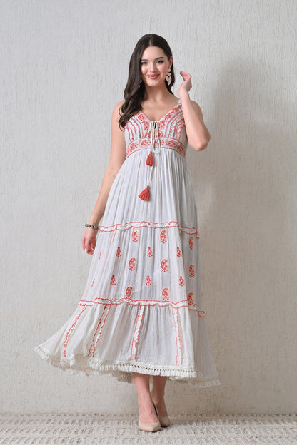 26414 Bohemian  Embroidered Tiered Maxi Dress – Sleeveless V-Neck Summer Dress