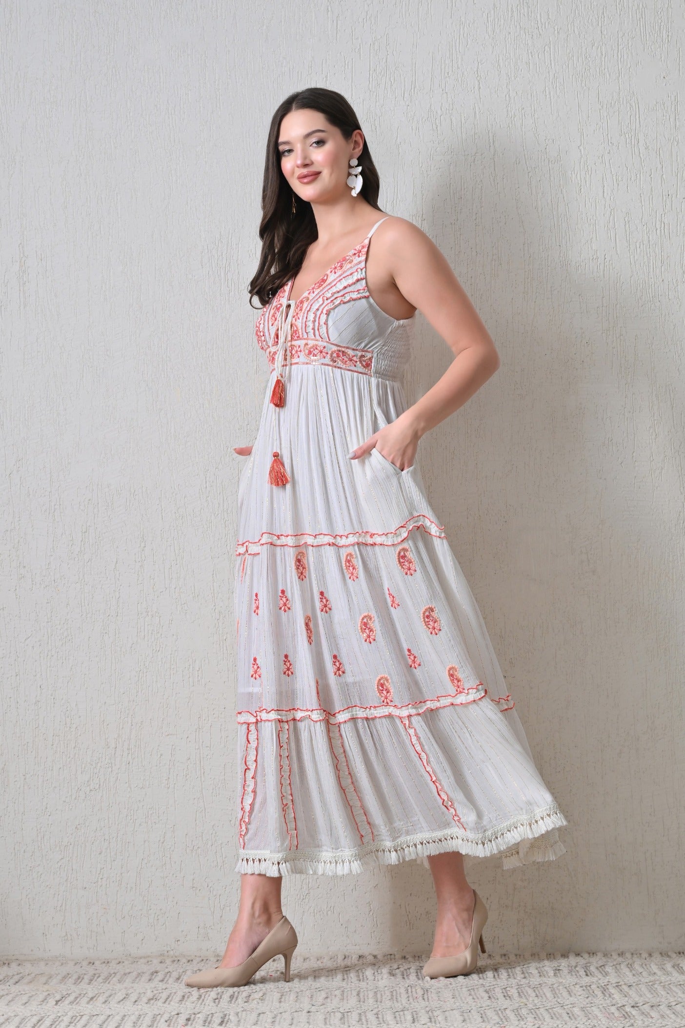 26414 Bohemian  Embroidered Tiered Maxi Dress – Sleeveless V-Neck Summer Dress