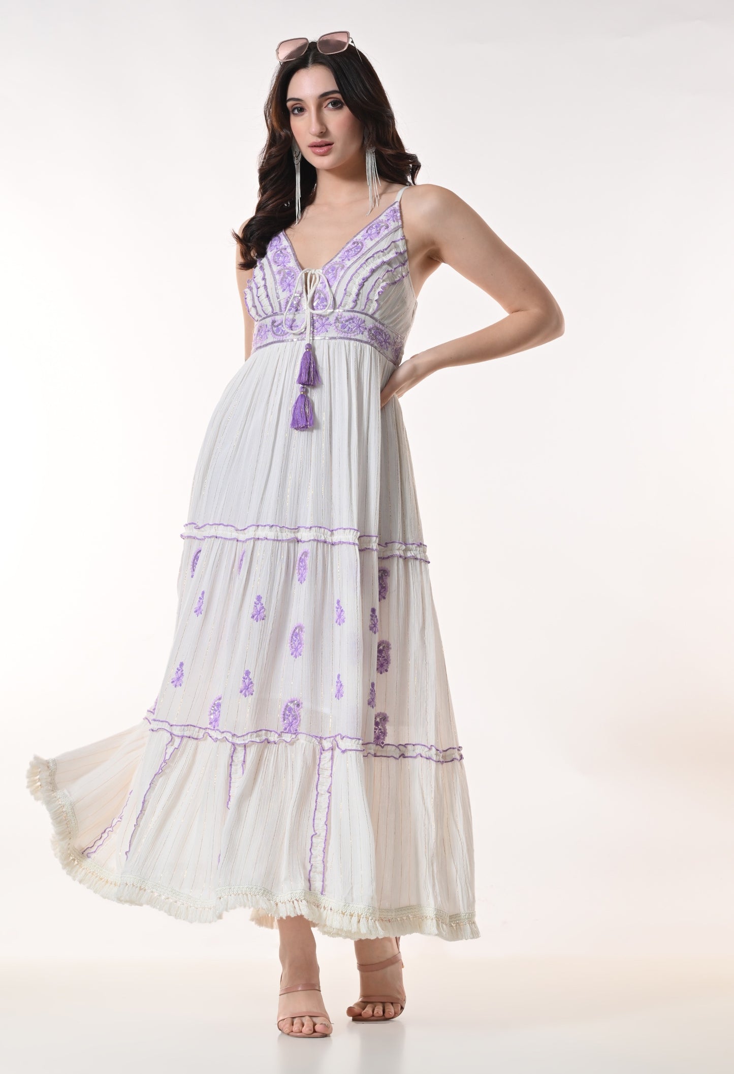 26414 Bohemian  Embroidered Tiered Maxi Dress – Sleeveless V-Neck Summer Dress