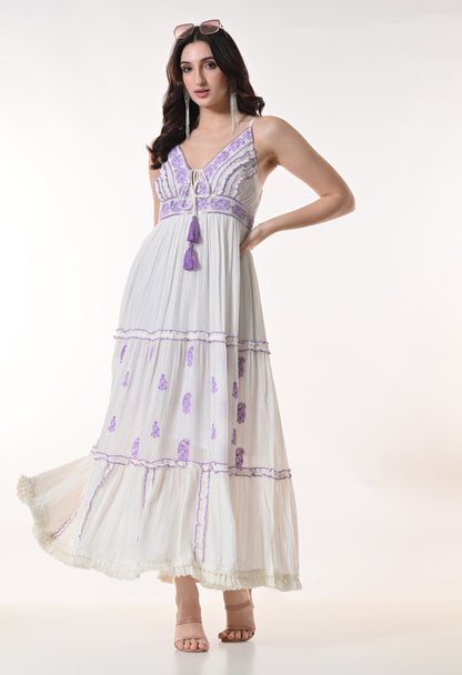 26414 Bohemian  Embroidered Tiered Maxi Dress – Sleeveless V-Neck Summer Dress
