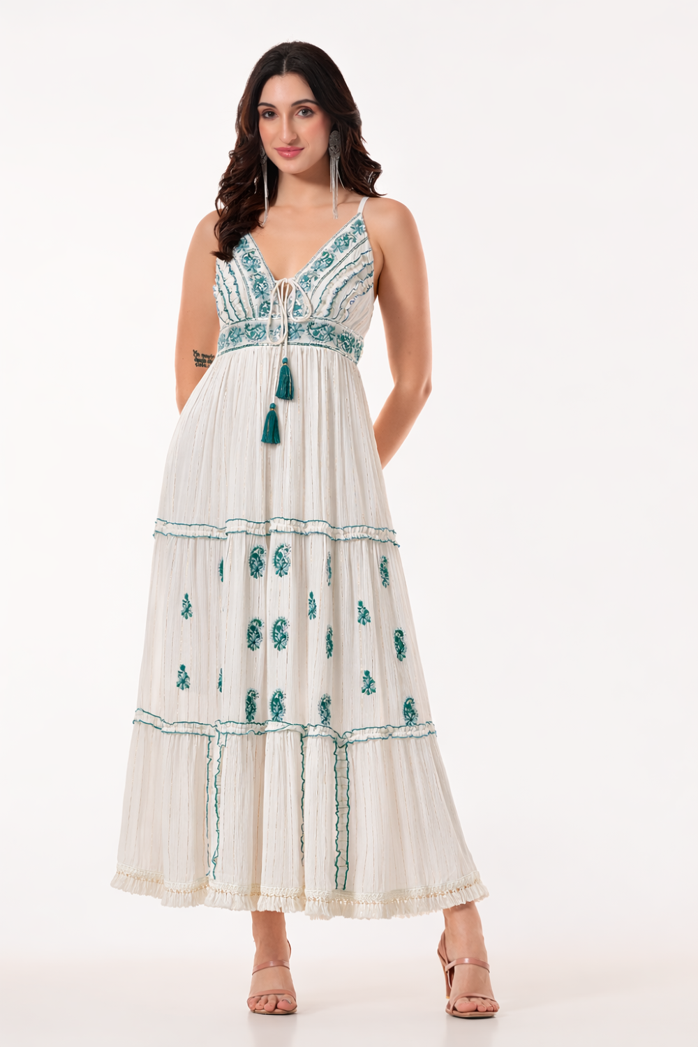 26414 Bohemian  Embroidered Tiered Maxi Dress – Sleeveless V-Neck Summer Dress