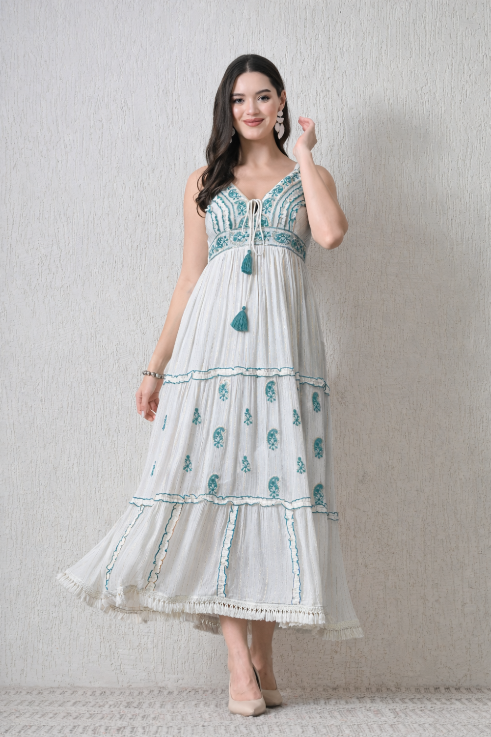 26414 Bohemian  Embroidered Tiered Maxi Dress – Sleeveless V-Neck Summer Dress