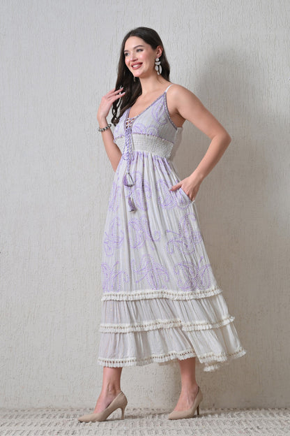 26415 Bohemian Paisley Embroidered Maxi Dress – Smocked Waist Tiered Dress