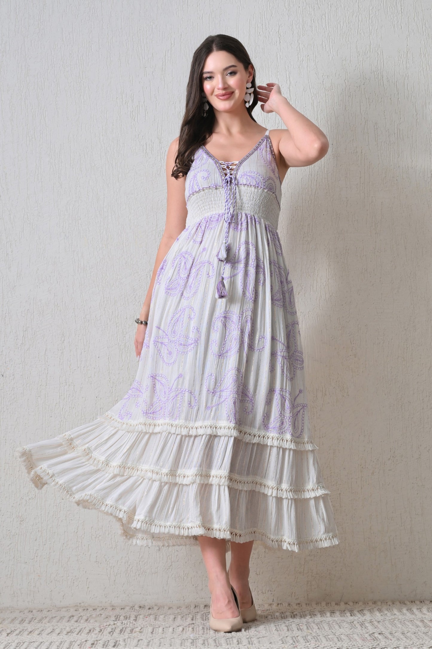 26415 Bohemian Paisley Embroidered Maxi Dress – Smocked Waist Tiered Dress