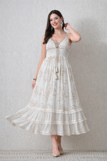 26415 Bohemian Paisley Embroidered Maxi Dress – Smocked Waist Tiered Dress