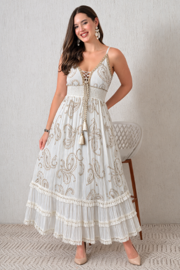 26415 Bohemian Paisley Embroidered Maxi Dress – Smocked Waist Tiered Dress