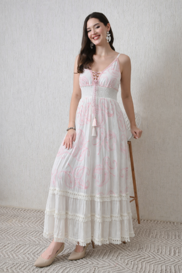 26415 Bohemian Paisley Embroidered Maxi Dress – Smocked Waist Tiered Dress
