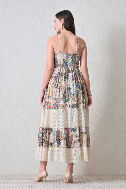 26417 Bohemian Paisley Lace Tiered Maxi Dress with Tassel Tie
