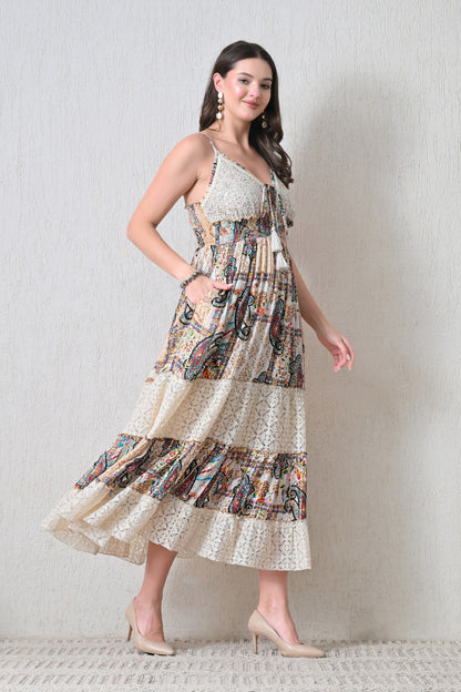 26417 Bohemian Paisley Lace Tiered Maxi Dress with Tassel Tie