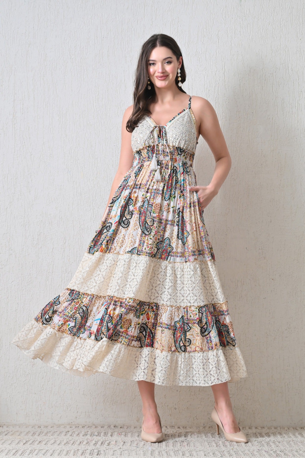 26417 Bohemian Paisley Lace Tiered Maxi Dress with Tassel Tie