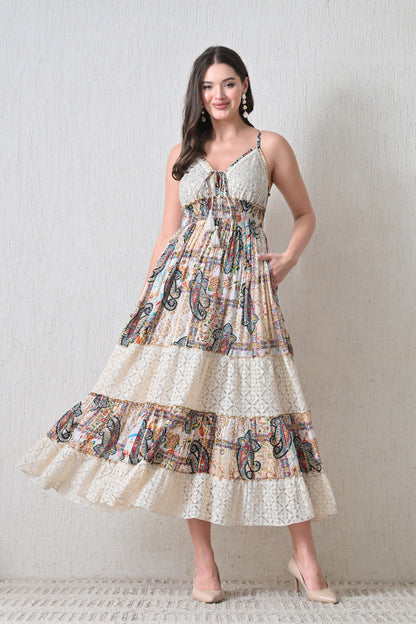 26417 Bohemian Paisley Lace Tiered Maxi Dress with Tassel Tie