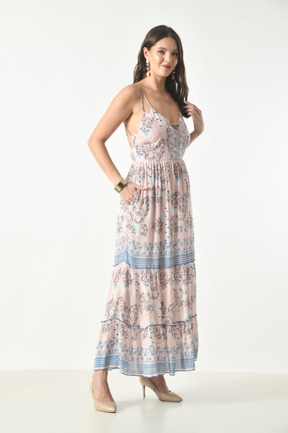 26419 Bohemian Floral Print Tiered Maxi Dress with Spaghetti Straps