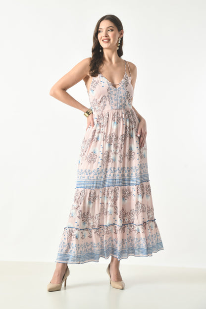 26419 Bohemian Floral Print Tiered Maxi Dress with Spaghetti Straps