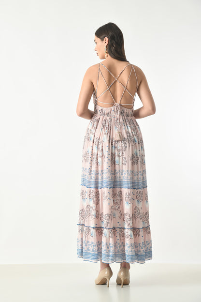 26419 Bohemian Floral Print Tiered Maxi Dress with Spaghetti Straps