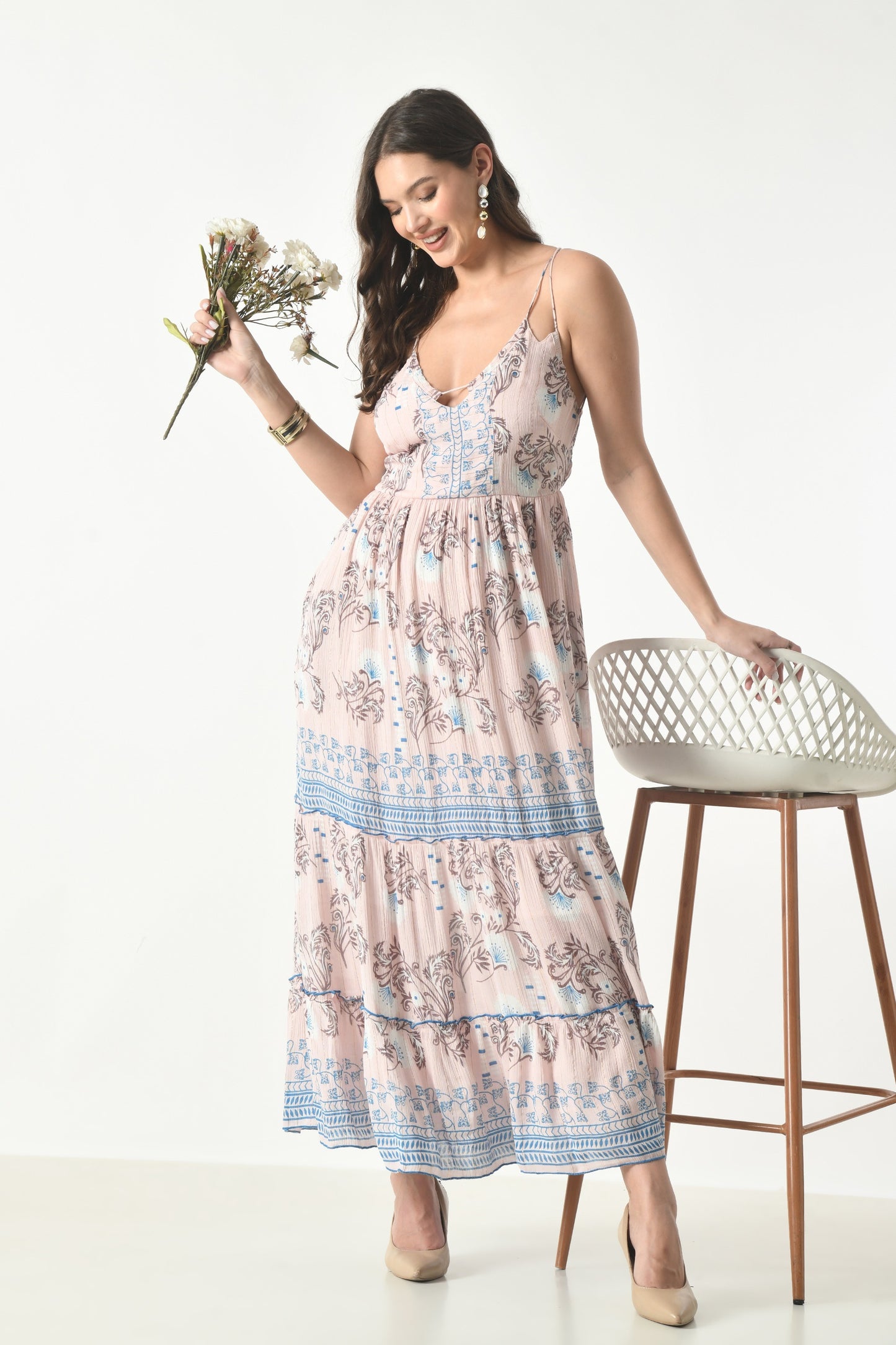 26419 Bohemian Floral Print Tiered Maxi Dress with Spaghetti Straps