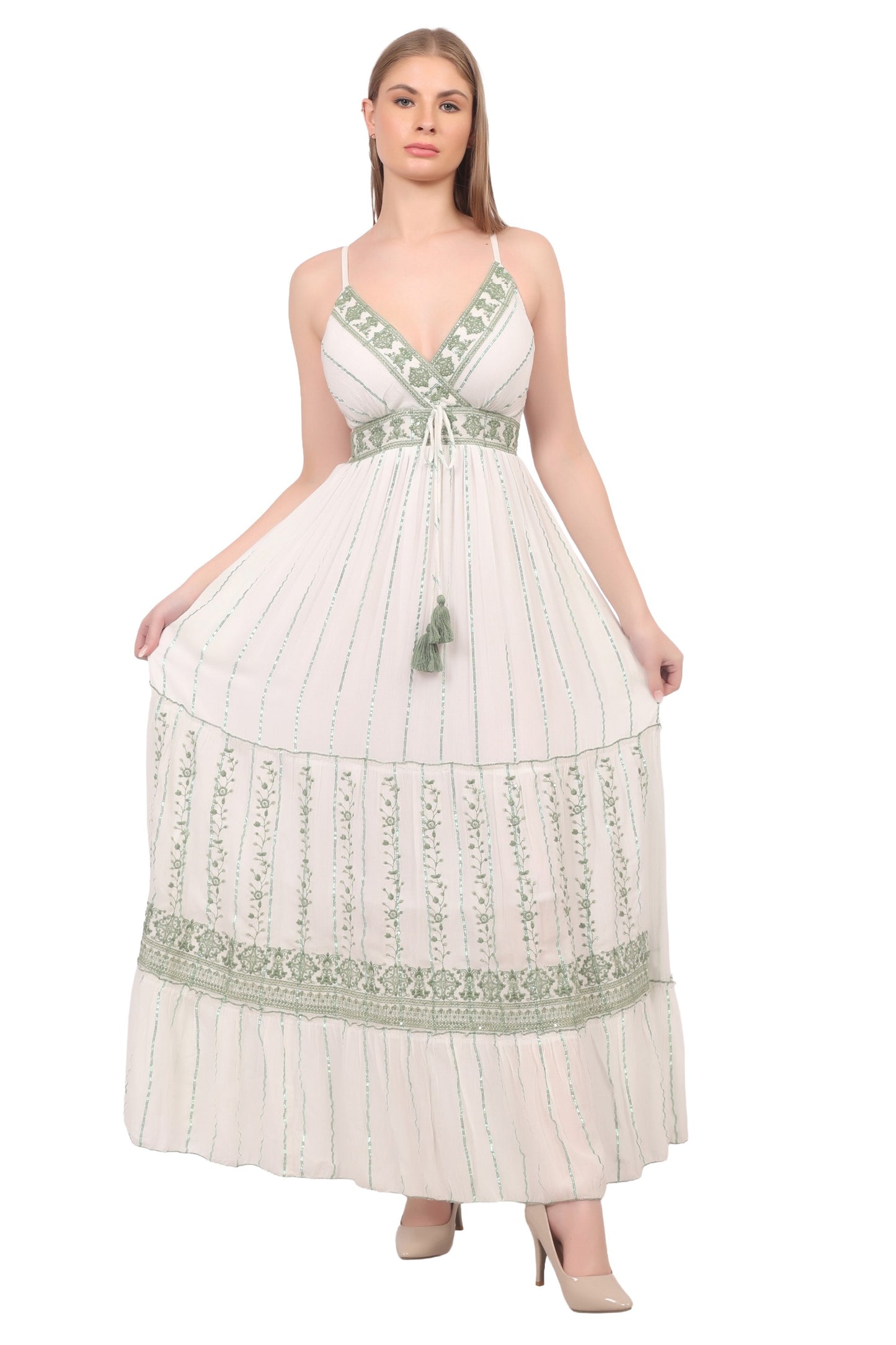 26420 Bohemian Embroidered V-Neck Maxi Dress with Tassel Tie
