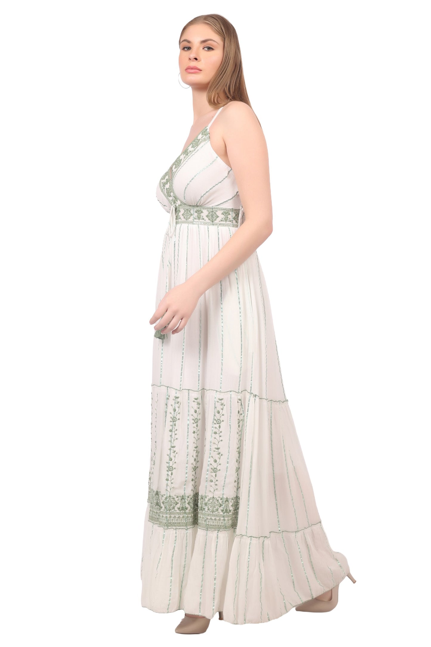 26420 Bohemian Embroidered V-Neck Maxi Dress with Tassel Tie
