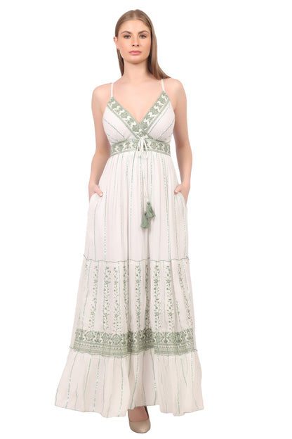 26420 Bohemian Embroidered V-Neck Maxi Dress with Tassel Tie