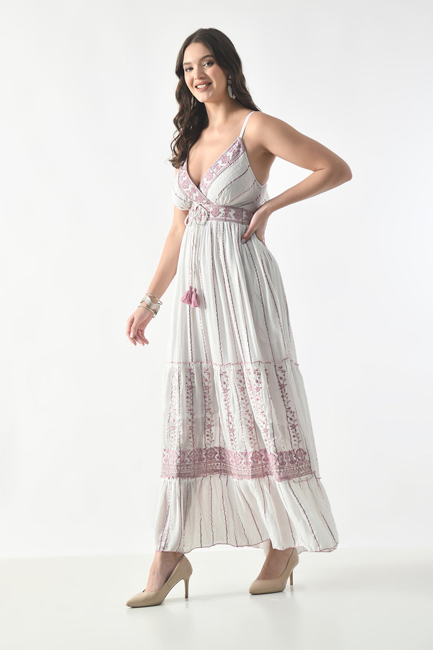 26420 Bohemian Embroidered V-Neck Maxi Dress with Tassel Tie