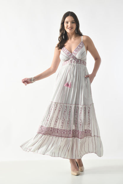26420 Bohemian Embroidered V-Neck Maxi Dress with Tassel Tie