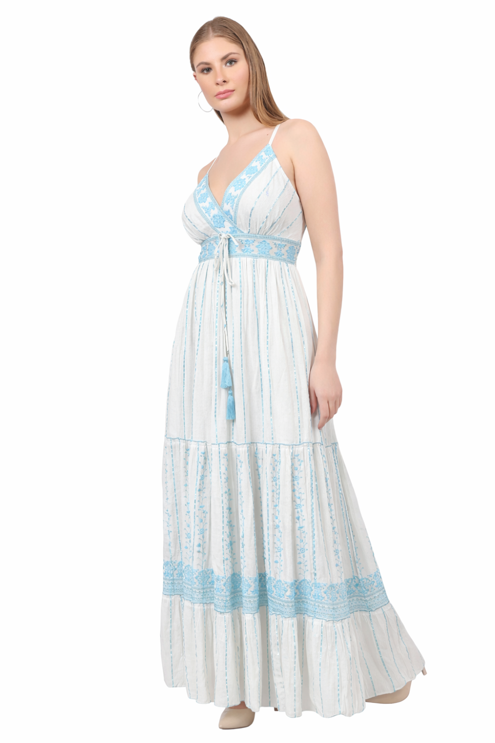 26420 Bohemian Embroidered V-Neck Maxi Dress with Tassel Tie