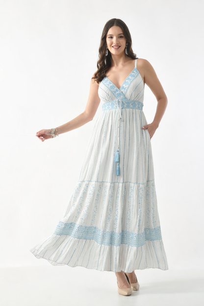 26420 Bohemian Embroidered V-Neck Maxi Dress with Tassel Tie