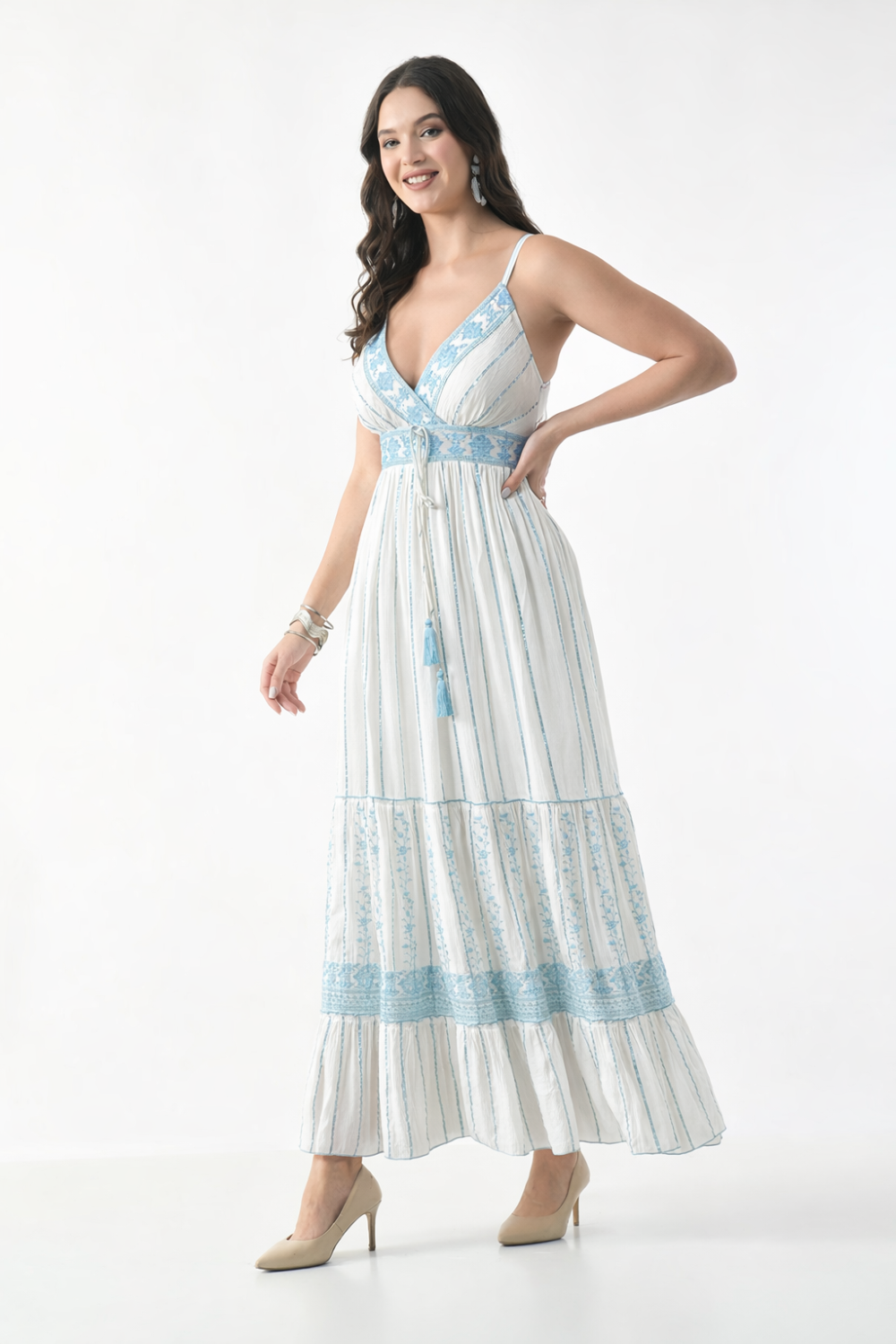 26420 Bohemian Embroidered V-Neck Maxi Dress with Tassel Tie