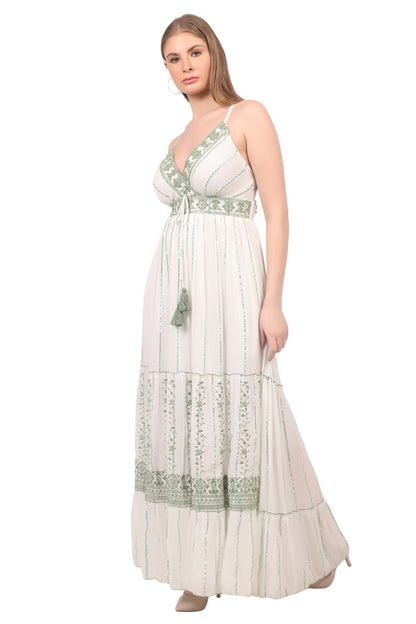 26420 Bohemian Embroidered V-Neck Maxi Dress with Tassel Tie
