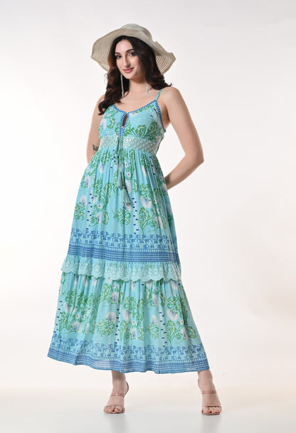 26423  Bohemian Printed Tiered Maxi Dress with Lace Detail & Tassel Tie