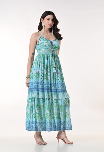 26423  Bohemian Printed Tiered Maxi Dress with Lace Detail & Tassel Tie