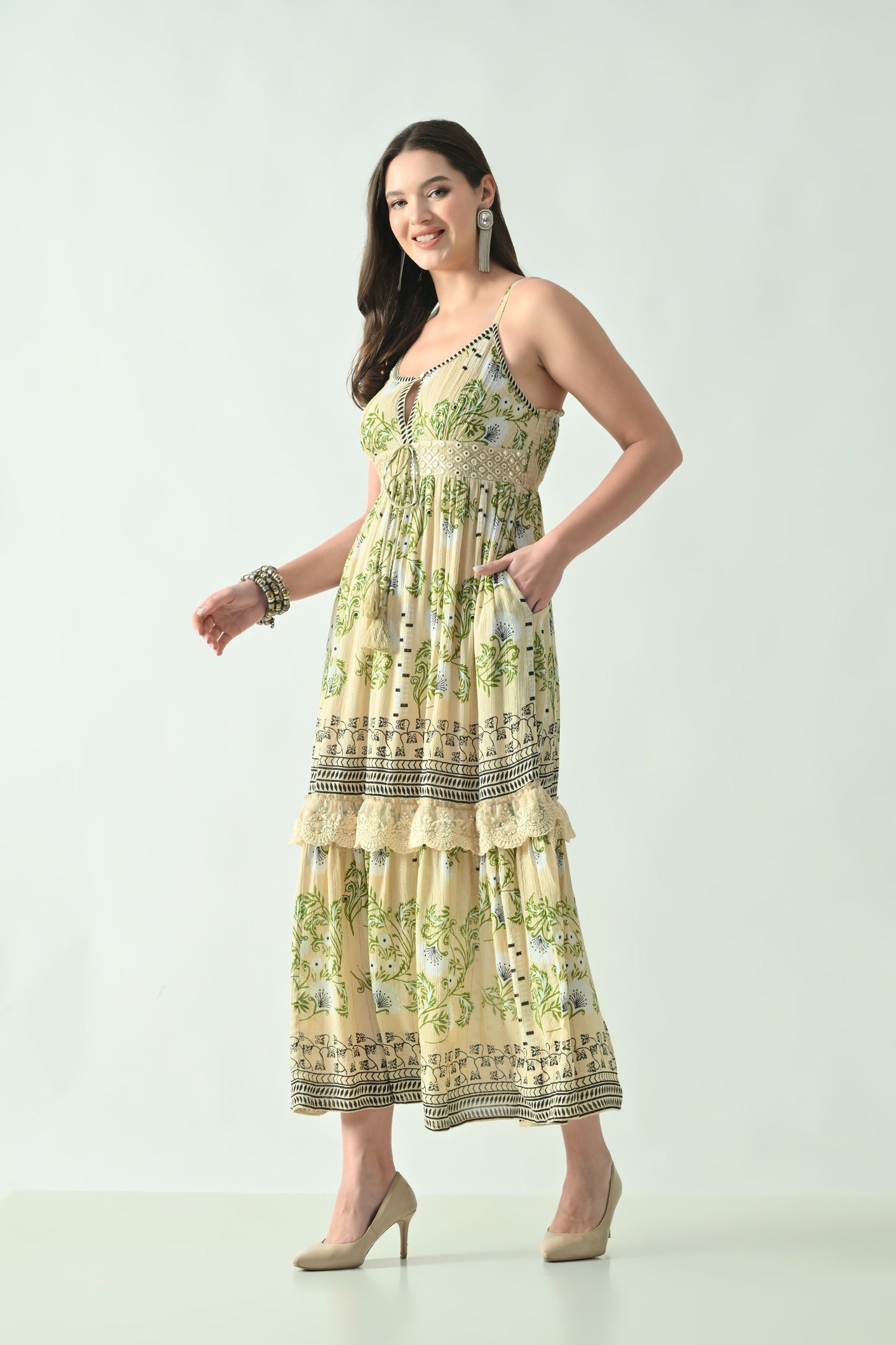 26423  Bohemian Printed Tiered Maxi Dress with Lace Detail & Tassel Tie