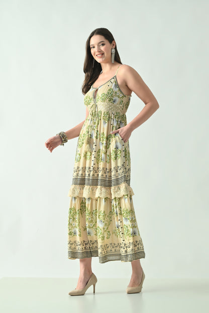 26423  Bohemian Printed Tiered Maxi Dress with Lace Detail & Tassel Tie