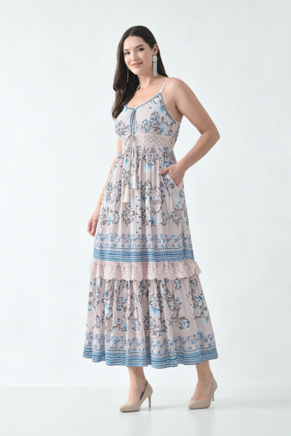 26423  Bohemian Printed Tiered Maxi Dress with Lace Detail & Tassel Tie