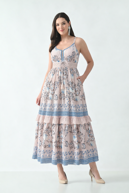 26423  Bohemian Printed Tiered Maxi Dress with Lace Detail & Tassel Tie
