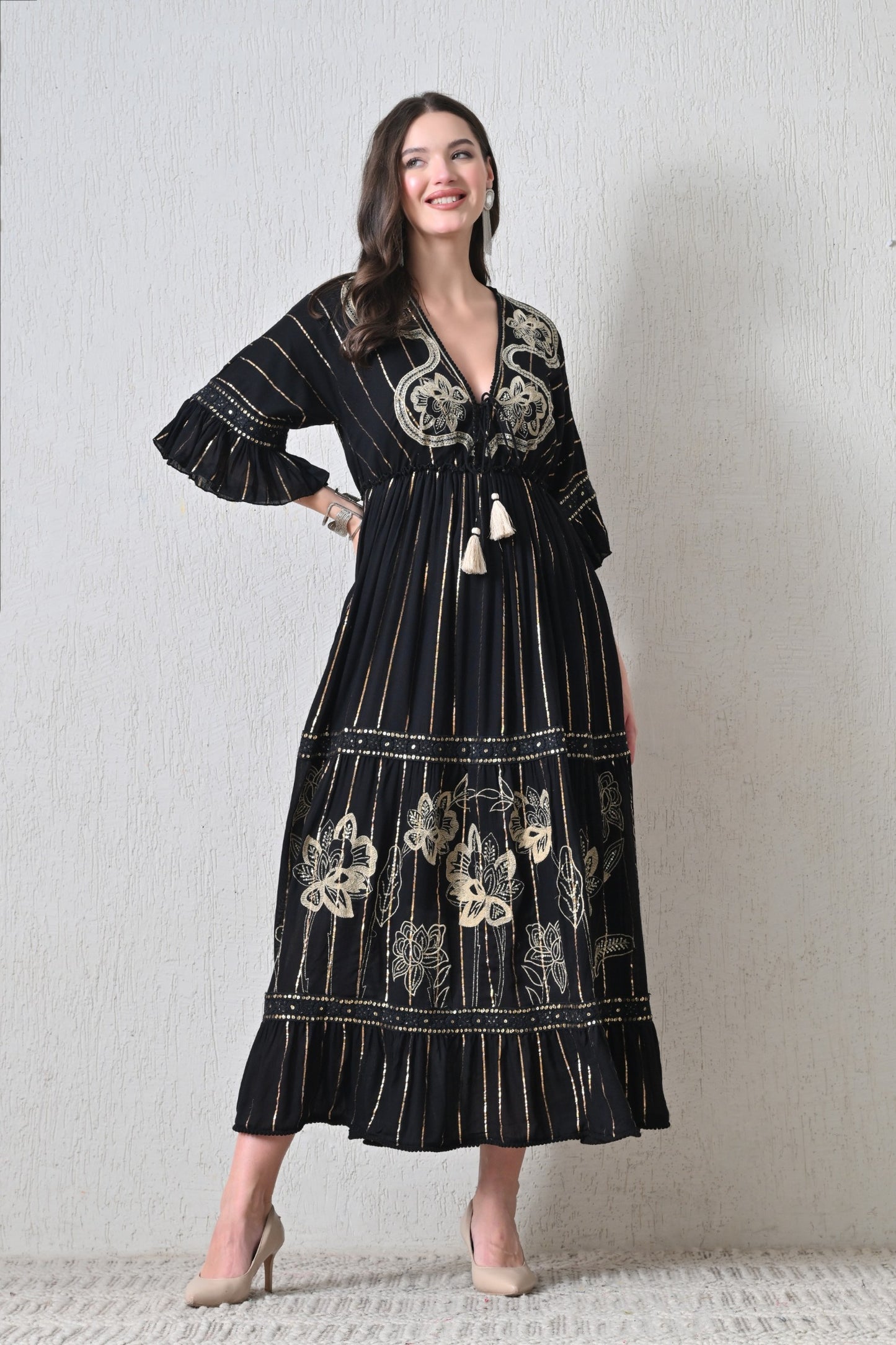 26425  Embroidered Boho Maxi Dress – Assorted Colors with Gold Stripe Detail
