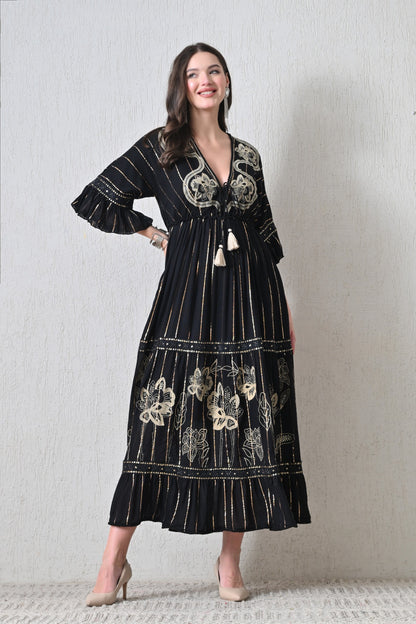 26425  Embroidered Boho Maxi Dress – Assorted Colors with Gold Stripe Detail