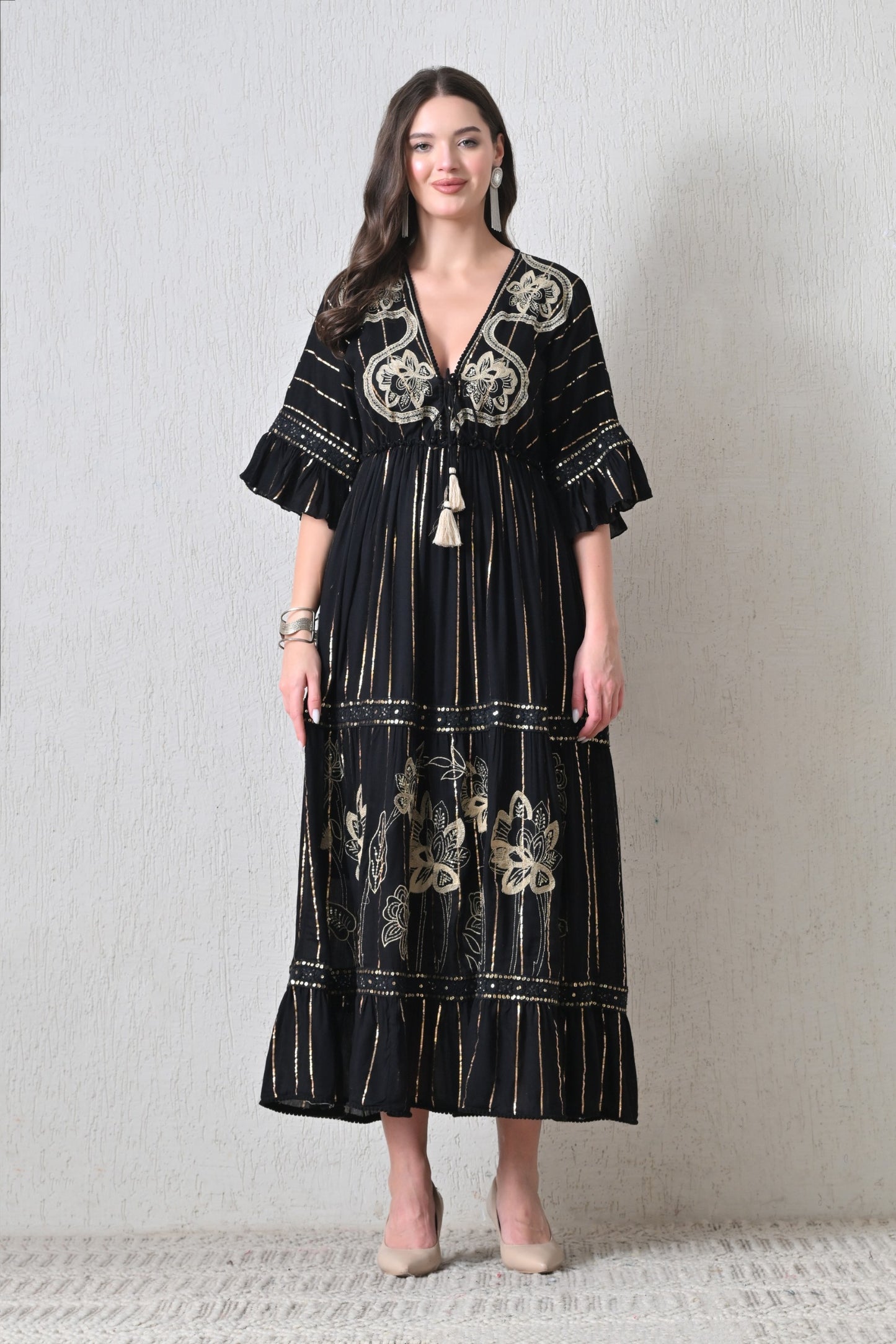 26425  Embroidered Boho Maxi Dress – Assorted Colors with Gold Stripe Detail