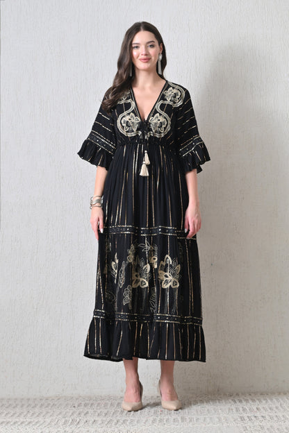 26425  Embroidered Boho Maxi Dress – Assorted Colors with Gold Stripe Detail
