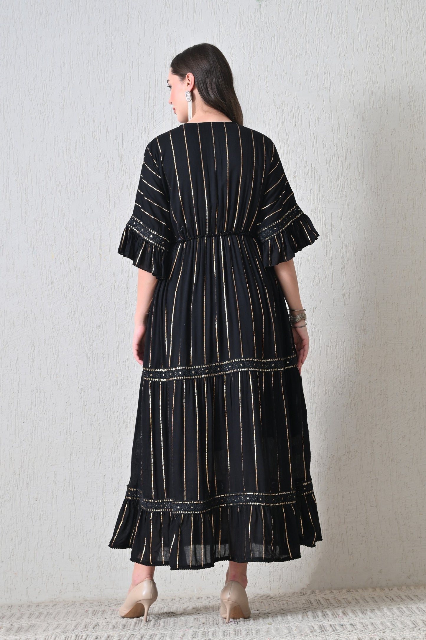 26425  Embroidered Boho Maxi Dress – Assorted Colors with Gold Stripe Detail