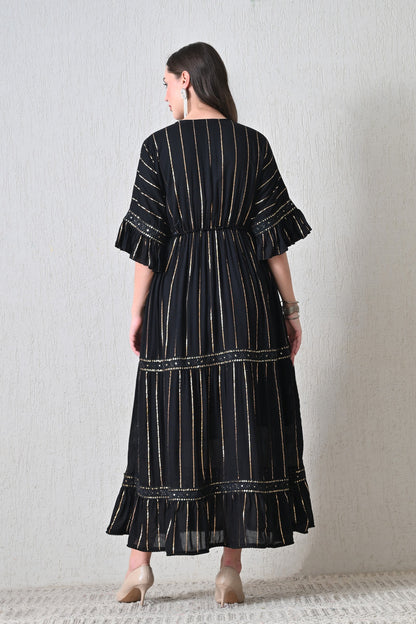26425  Embroidered Boho Maxi Dress – Assorted Colors with Gold Stripe Detail