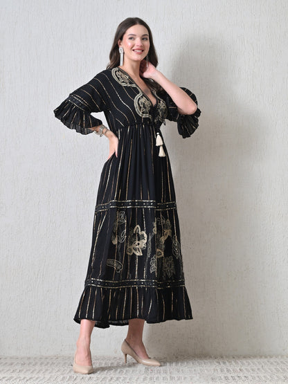 26425  Embroidered Boho Maxi Dress – Assorted Colors with Gold Stripe Detail