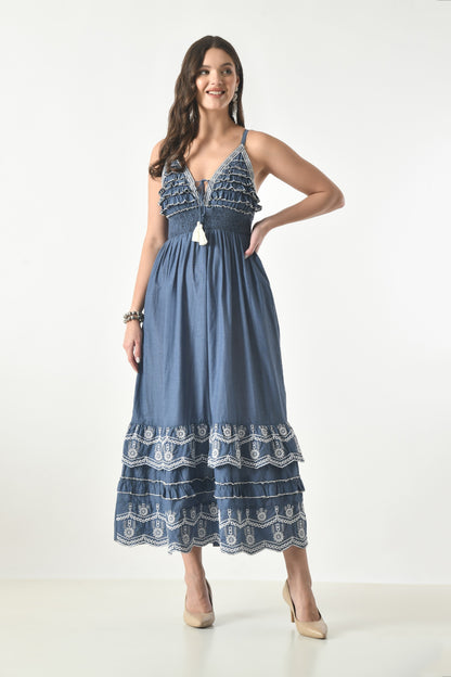26408  Women's Chambray M Dress with Ruffle Bodice & Embroidered Hem
