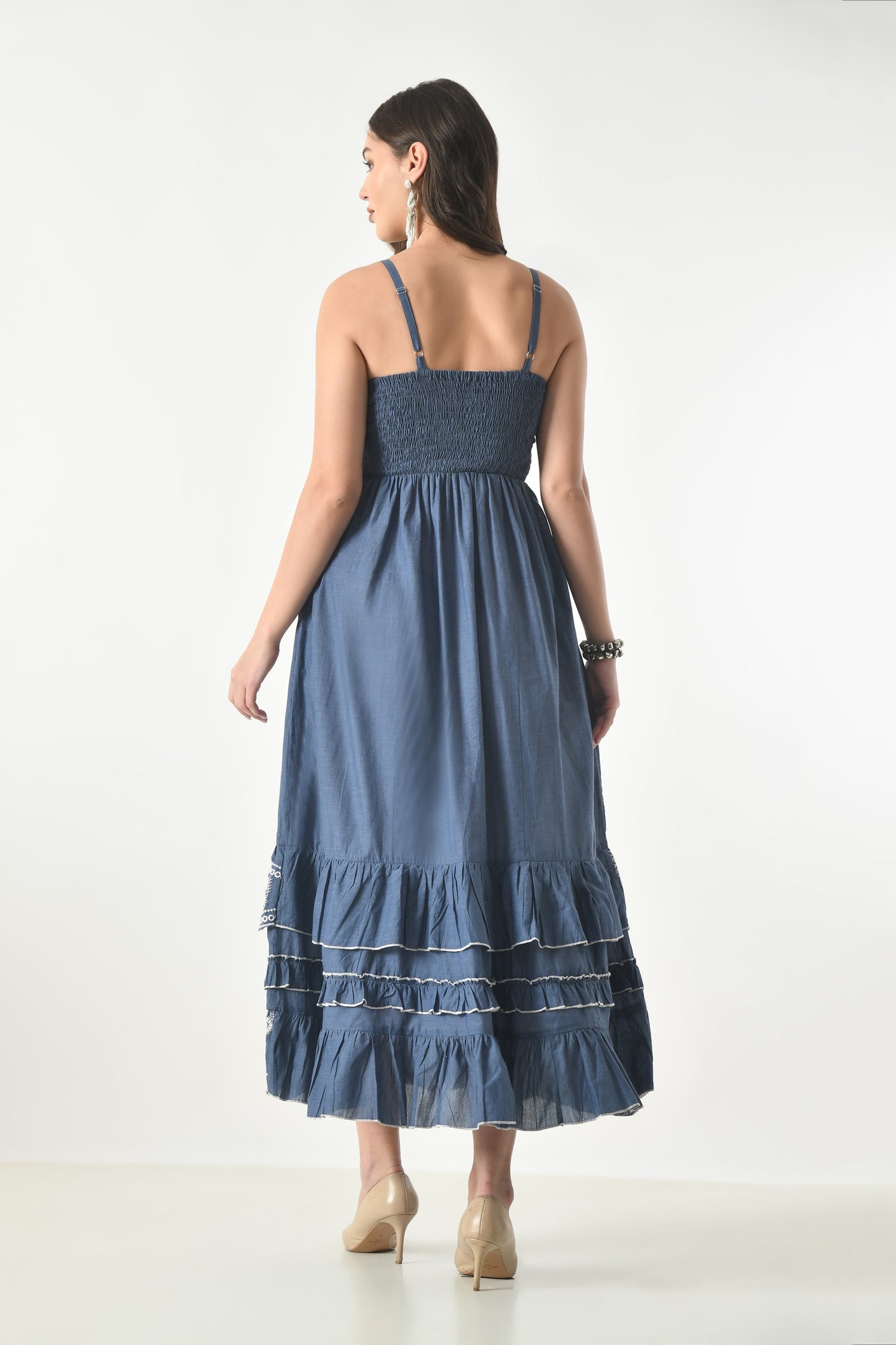 26408  Women's Chambray M Dress with Ruffle Bodice & Embroidered Hem