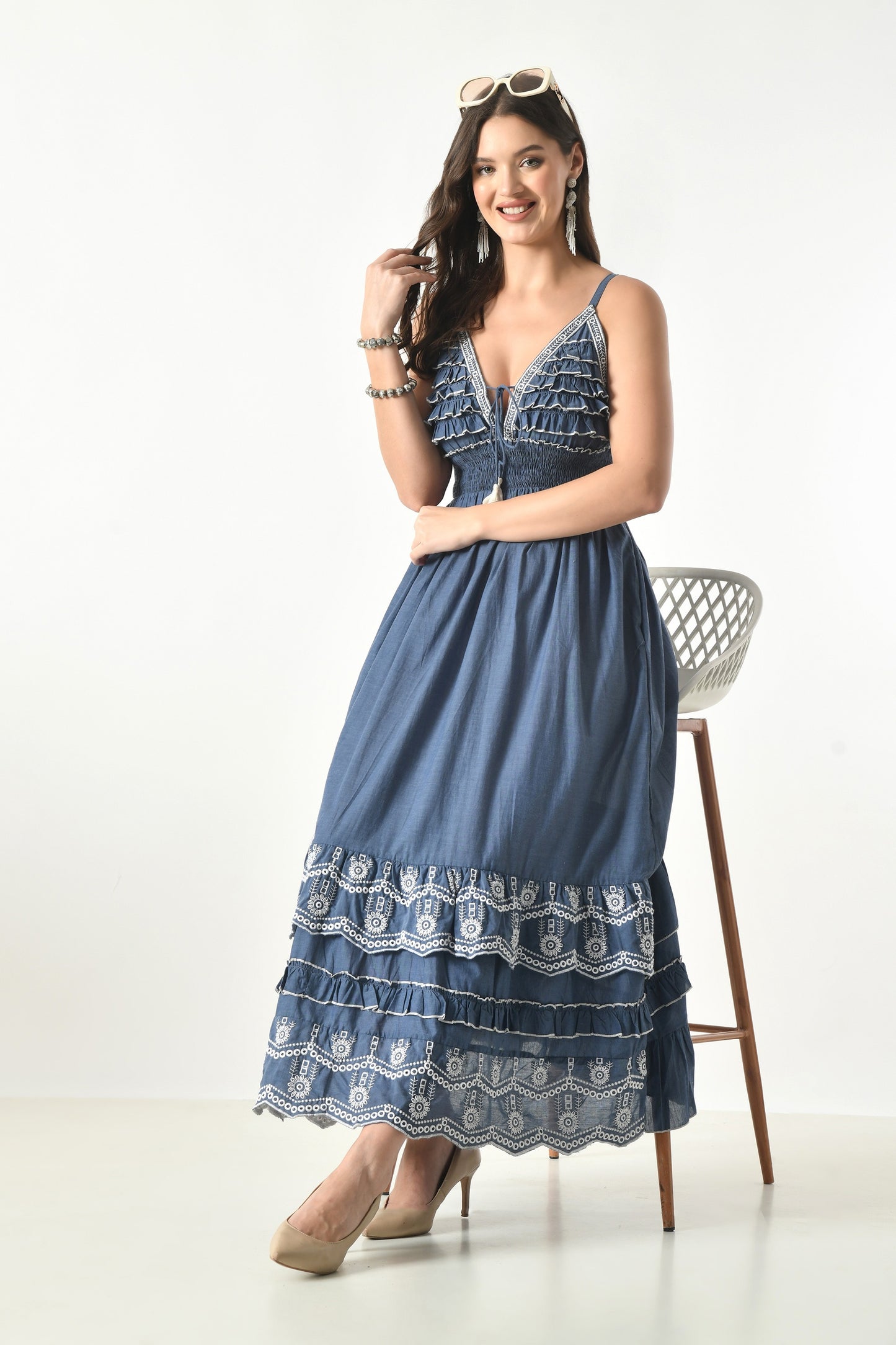 26408  Women's Chambray M Dress with Ruffle Bodice & Embroidered Hem