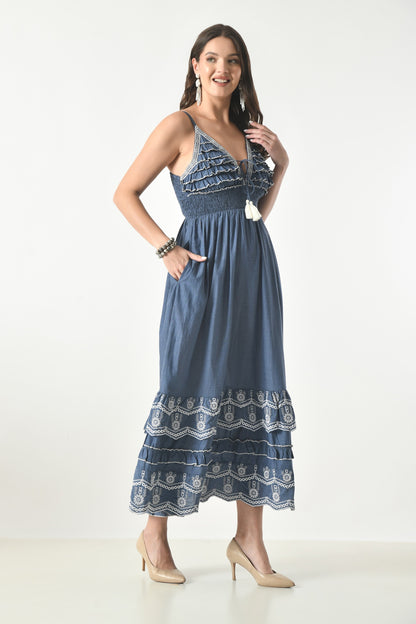 26408  Women's Chambray M Dress with Ruffle Bodice & Embroidered Hem