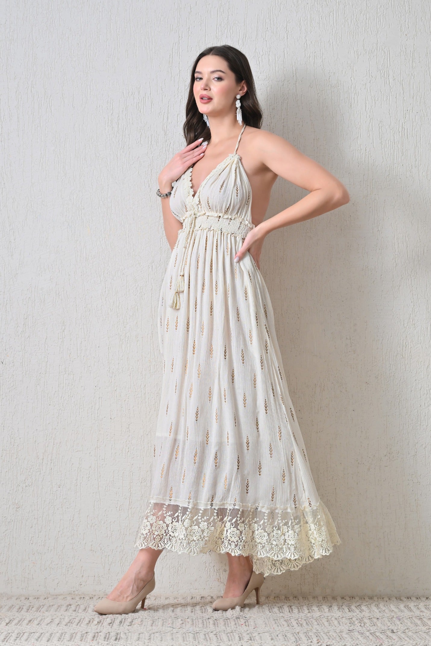 26402 Women's Boho Halter Neck Maxi Dress with Gold Print