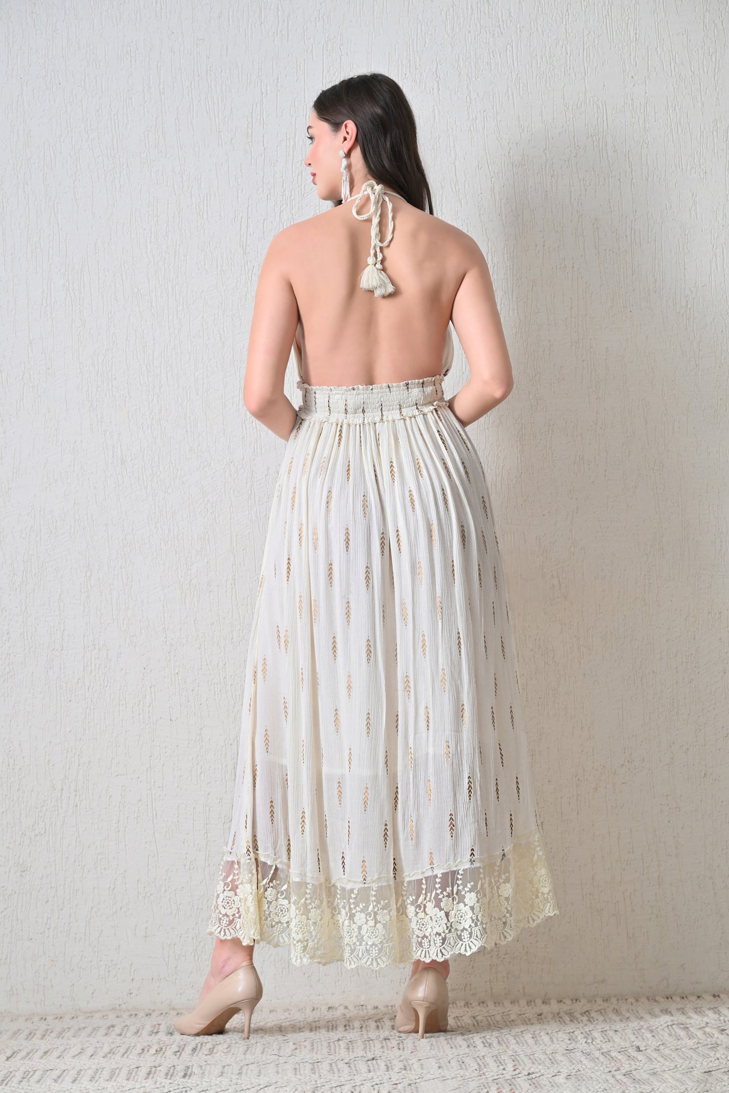 26402 Women's Boho Halter Neck Maxi Dress with Gold Print