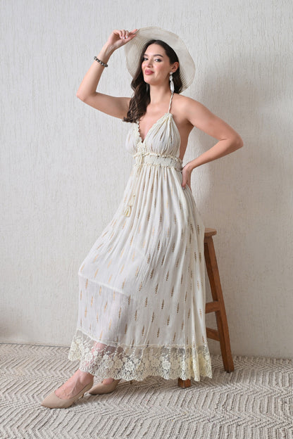 26402 Women's Boho Halter Neck Maxi Dress with Gold Print