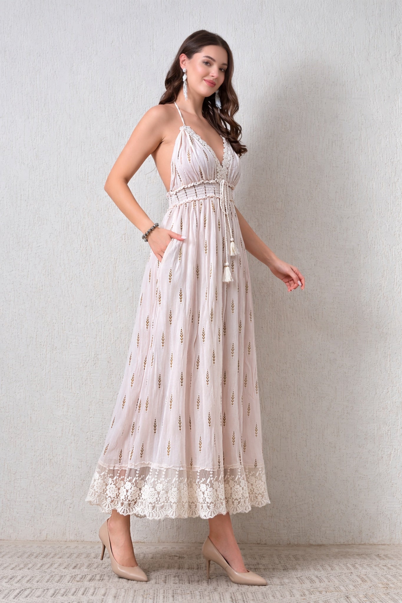 26402 Women's Boho Halter Neck Maxi Dress with Gold Print