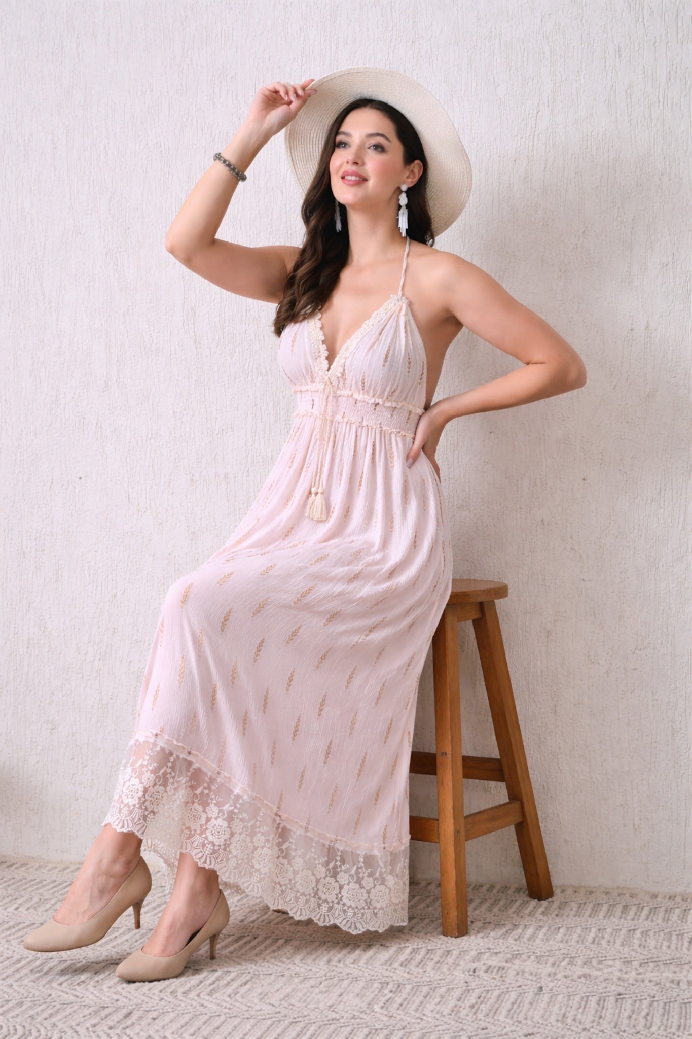 26402 Women's Boho Halter Neck Maxi Dress with Gold Print